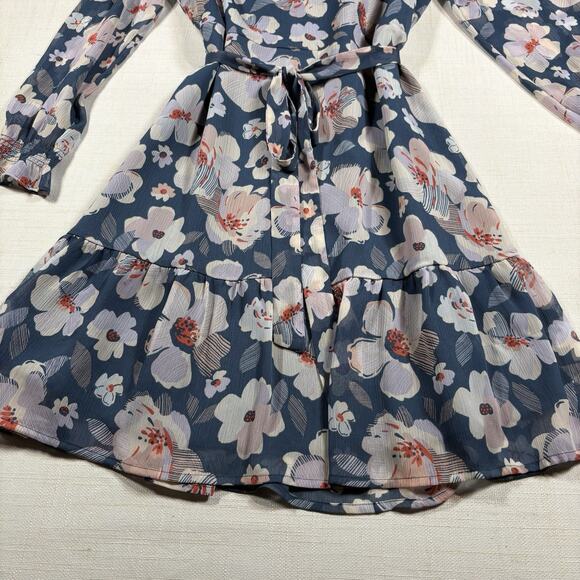 Ann Taylor Dress Womens 8P Blue Floral Long Sleeve Business belted lined midi - Picture 6 of 11